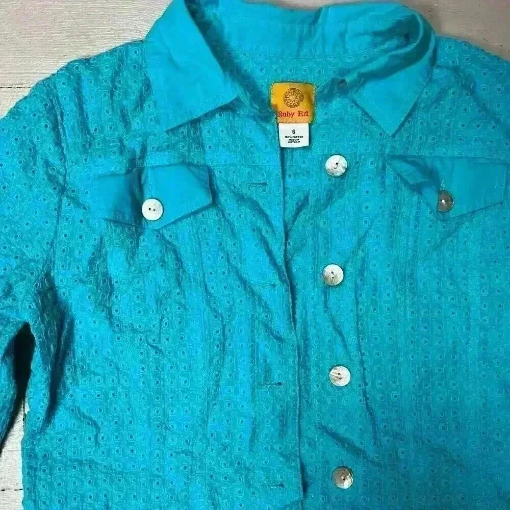 RUBY RD. Turquoise Jacket Size 6 100% Cotton - Picture 3 of 7